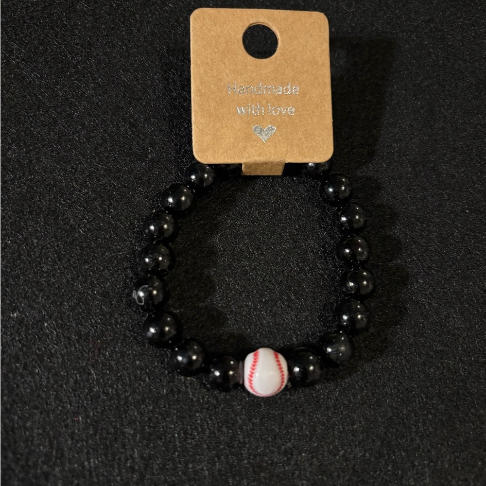 Black Beaded Bracelet with Baseball Accent